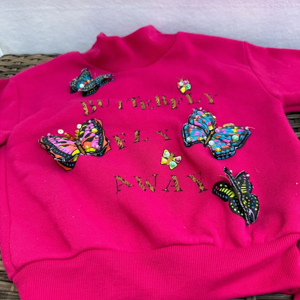 Vintage 90s ZING Girls Size 4 Pink 3D Butterfly Fleece Sweatsuit 2 Pc Set